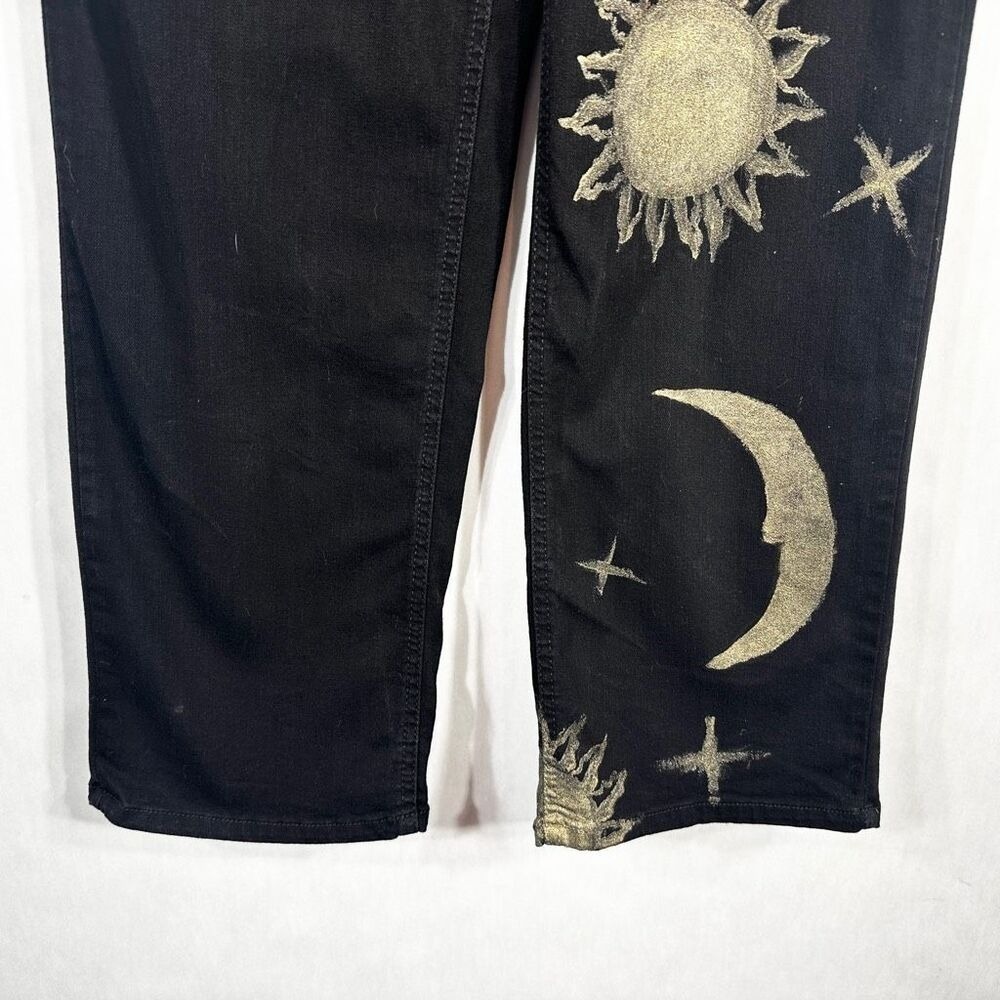 Time Tru Sz 4 Jeans Black Straight Hand Painted Gold Lunar Sun Witch Grunge 1602 - Picture 5 of 13